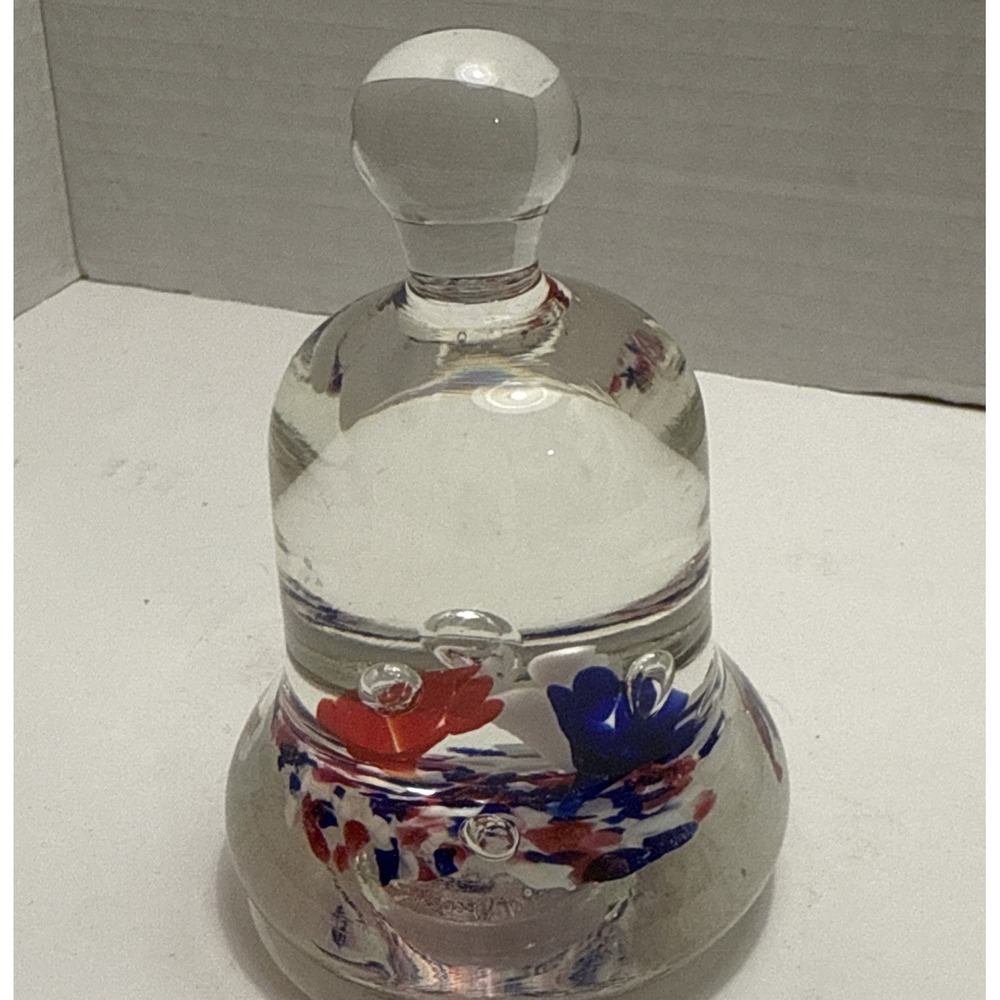 Maude & Bob St Clair Vtg Glass Red White Blue Flowers Bell paperweight 1975